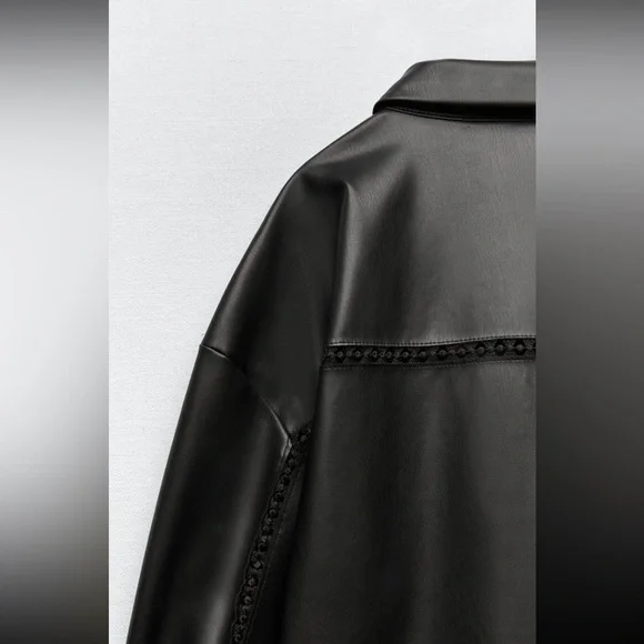 Women Zara Faux Leather Overshirt With Lace Inserts Size XS - Picture 9 of 16